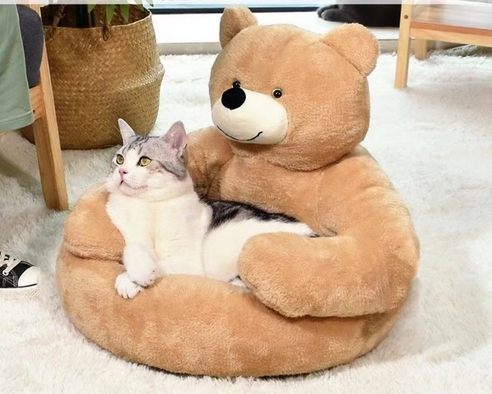 Soft Pet Bed Winter Warm Cute Bear Hug Cat Sleeping Mat Plush Cushion Sofa